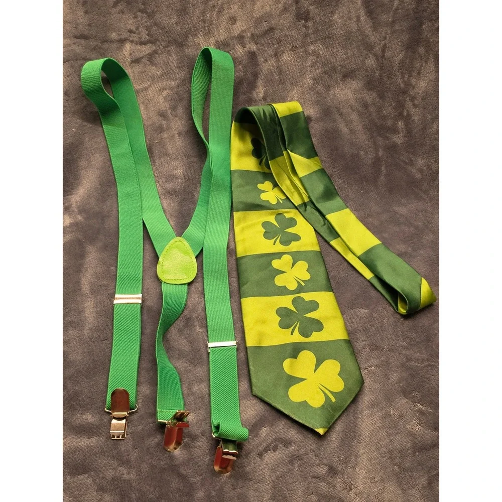St Patricks Day Green Shamrock Tie and Suspenders Set Irish Holiday Costume
